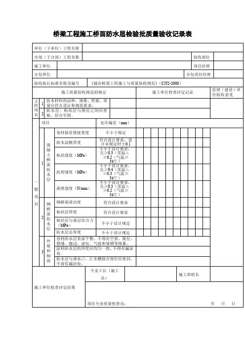 桥梁工程施工桥面防水层检验批质量验收记录表