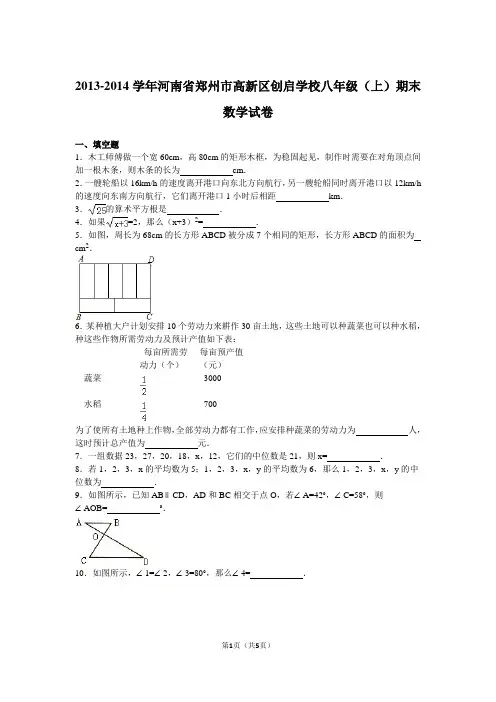 2013-2014学年河南省郑州市高新区创启学校八年级(上)期末数学试卷