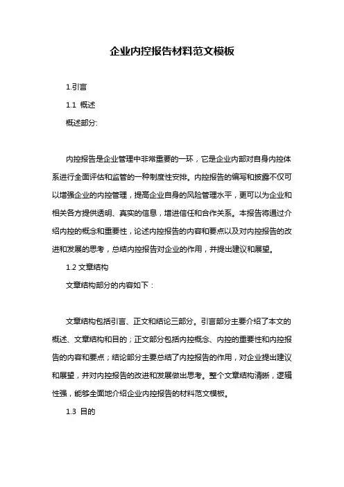 企业内控报告材料范文模板