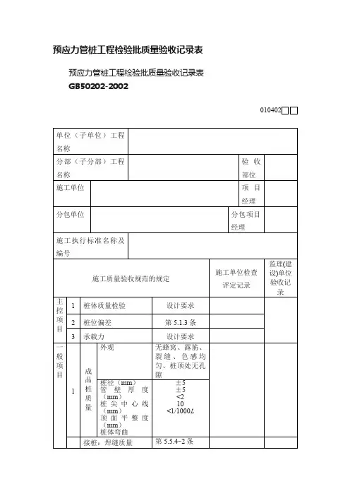 预应力管桩工程检验批质量验收记录表