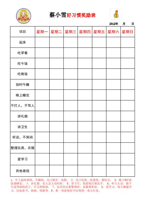 孩子好习惯奖励表