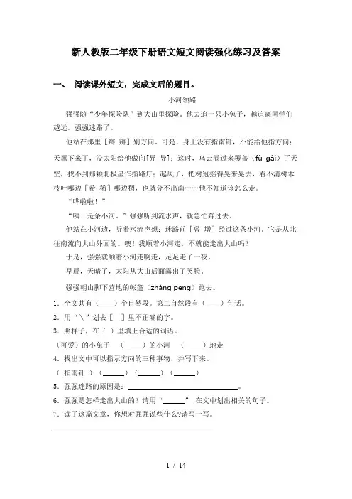 新人教版二年级下册语文短文阅读强化练习及答案