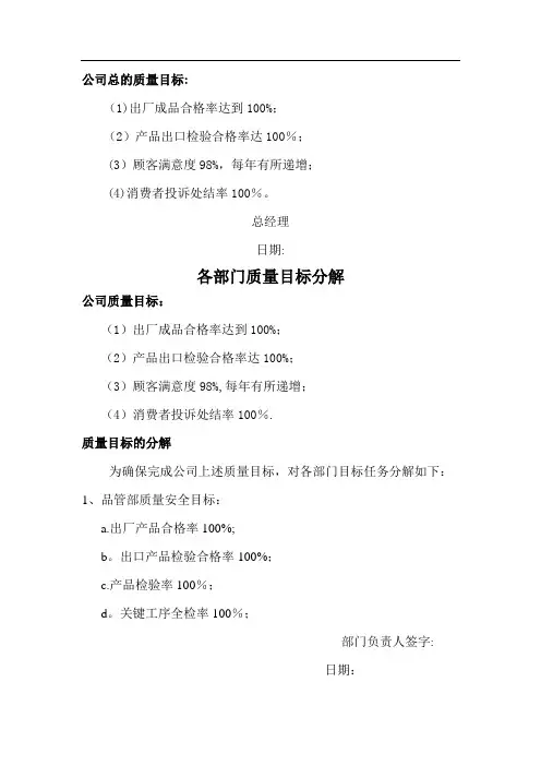 各部门质量目标分解
