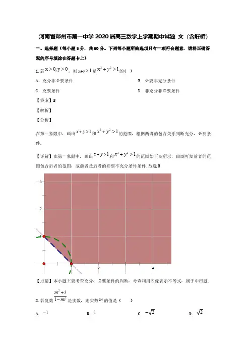 河南省郑州市第一中学2020届高三数学上学期期中试题文(含解析)
