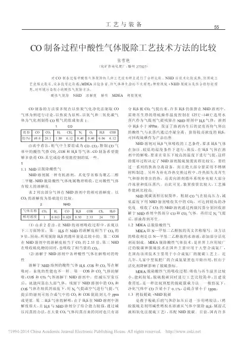 CO制备过程中酸性气体脱除工艺技术方法的比较_