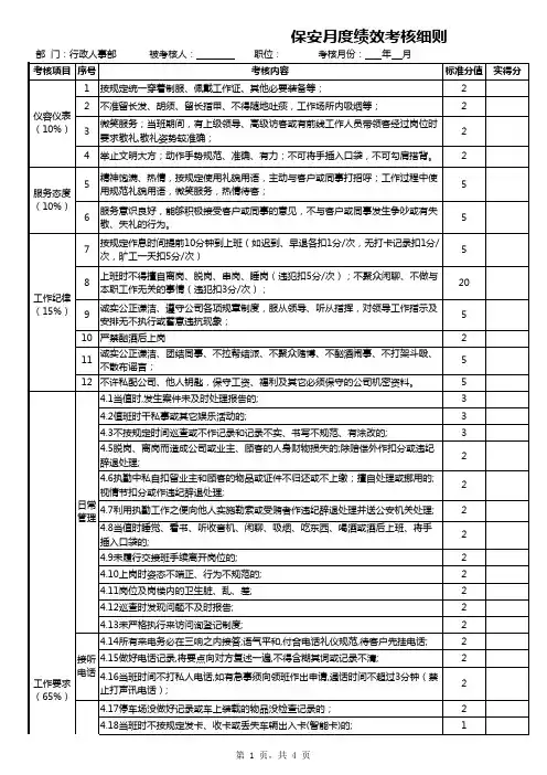物业保安月度绩效考核表