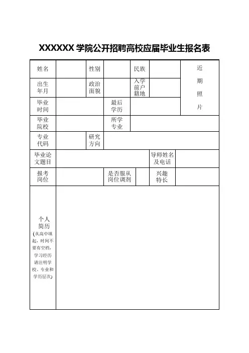 公开招聘高校应届毕业生报名表