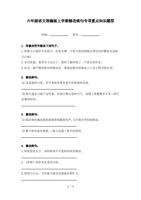 六年级语文部编版上学期修改病句专项重点知识题型