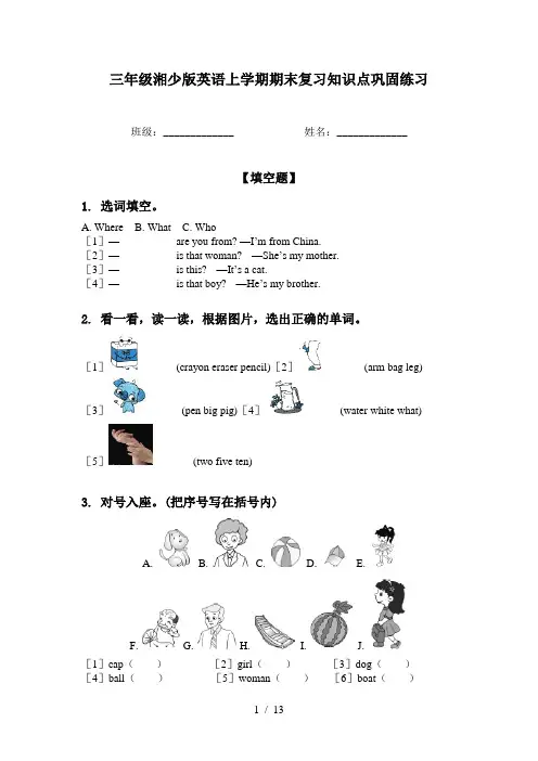 三年级湘少版英语上学期期末复习知识点巩固练习