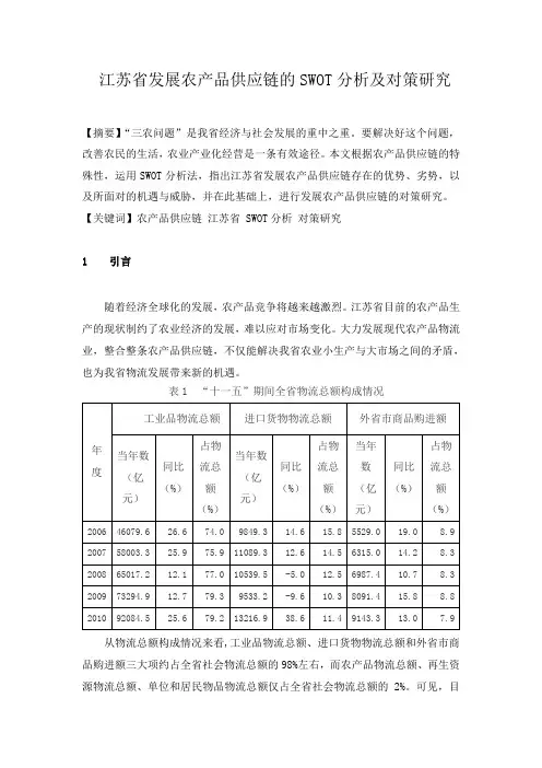 江苏省发展农产品供应链的SWOT分析及对策研究