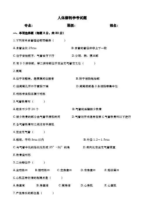 人体解剖学考试题及参考答案