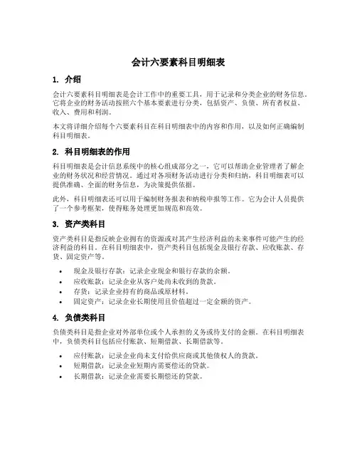 会计六要素科目明细表