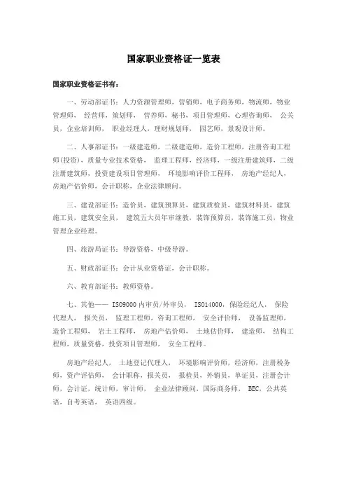 国家职业资格证一览表