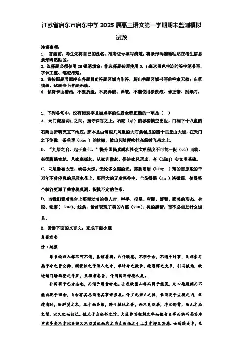 江苏省启东市启东中学2025届高三语文第一学期期末监测模拟试题含解析