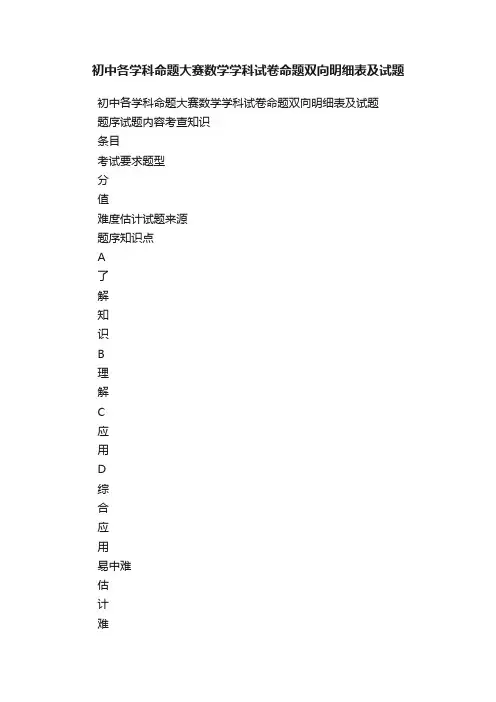 初中各学科命题大赛数学学科试卷命题双向明细表及试题