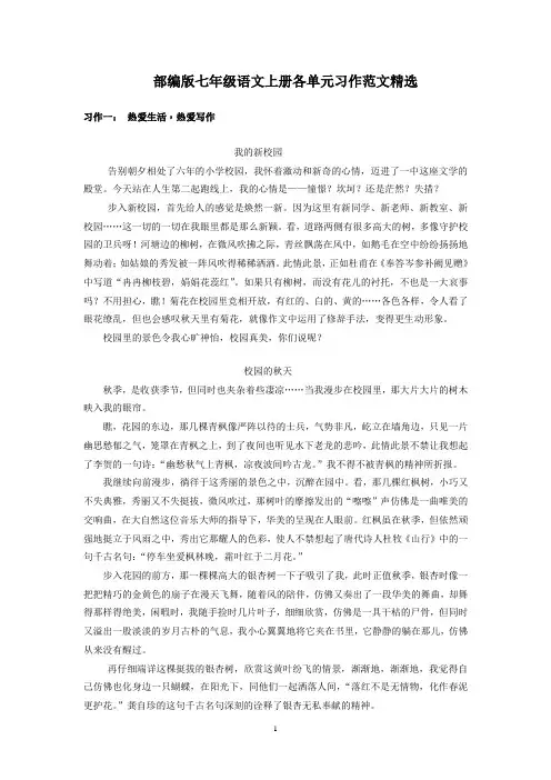部编版七年级语文上册复习各单元习作范文精选(15篇)