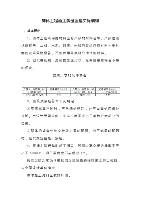 砌体工程施工质量监理实施细则