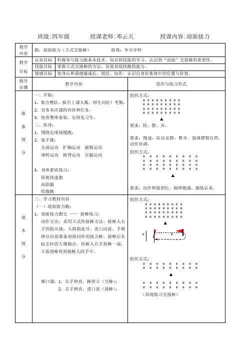  人教版体育与健康四年级-《迎面接力》教案