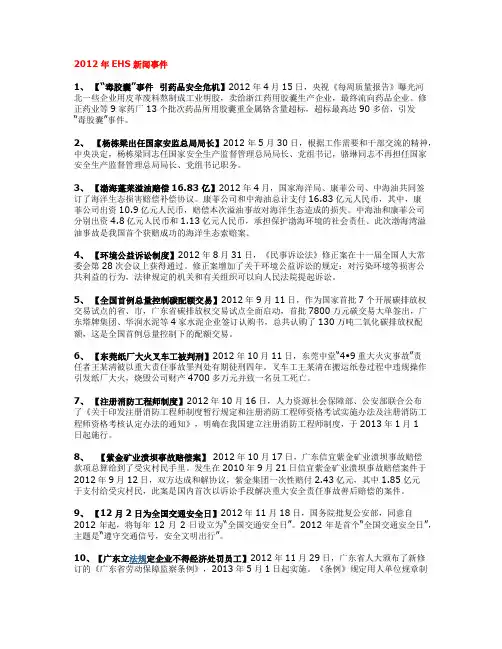 2012年EHS重大事件