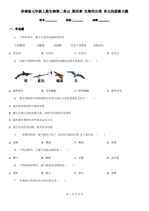济南版七年级上册生物第二单元 第四章 生物的分类 单元巩固练习题
