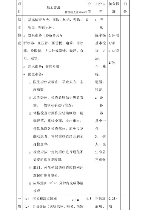 体格检查评分标准