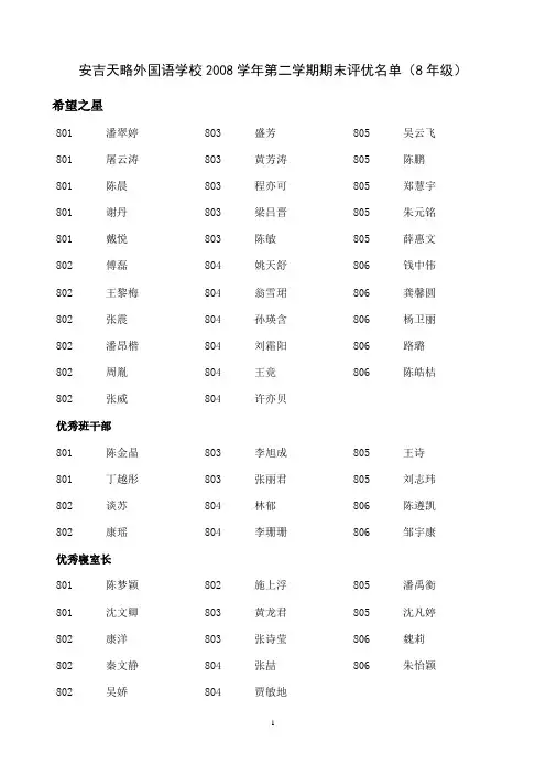 安吉天略外国语学校2008学年第二学期期末评优名单(8年...