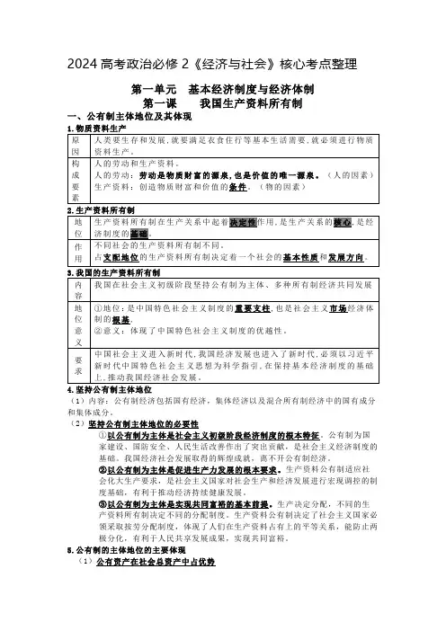 2024高考政治必修2《经济与社会》核心考点整理