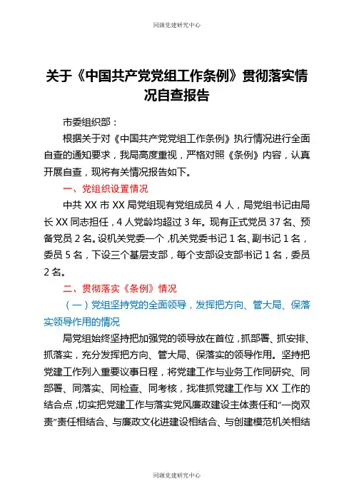 关于《中国共产党党组工作条例》贯彻落实情况自查报告