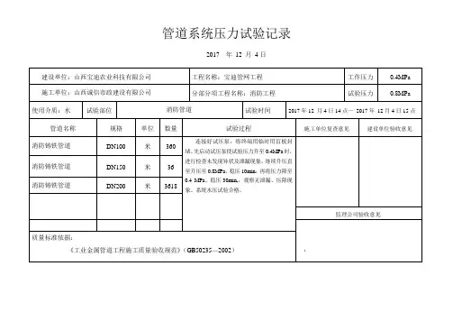 管道系统压力试验记录