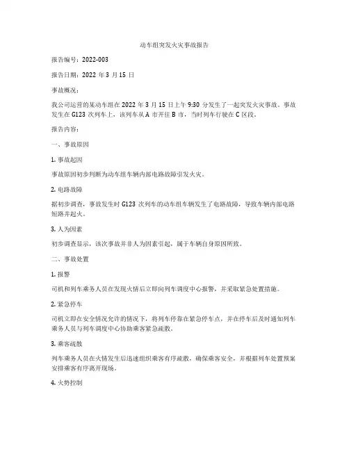 动车组突发火灾事故报告