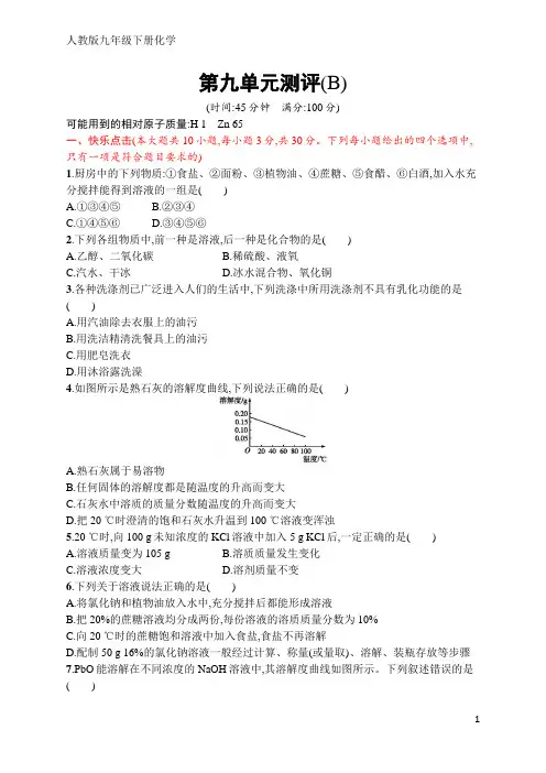 人教版九年级下册化学同步训练第九单元测评(B)(含答案)