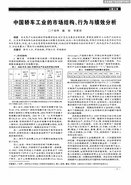 中国轿车工业的市场结构、行为与绩效分析