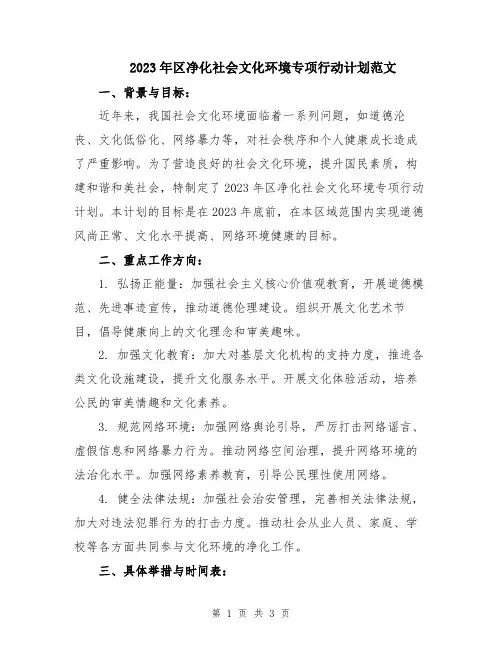 2023年区净化社会文化环境专项行动计划范文