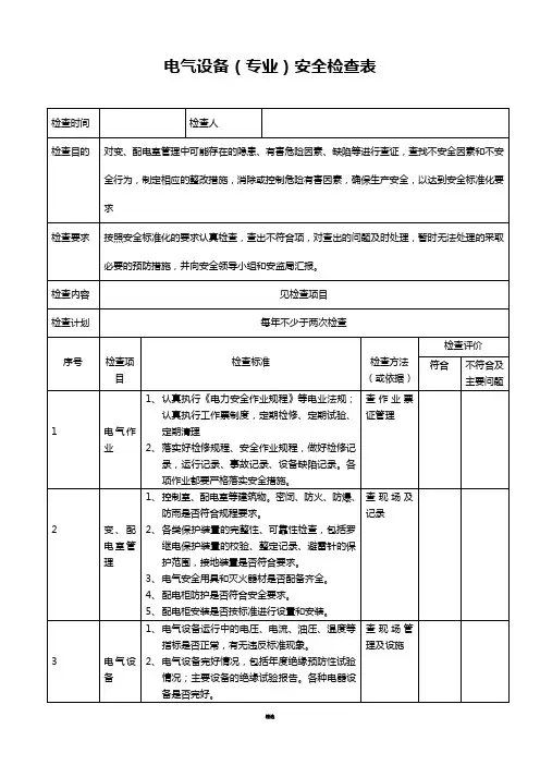 电气设备(专业)安全检查表