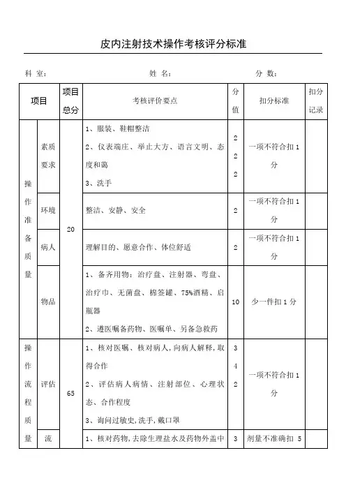 皮内注射技术操作考核评分准则