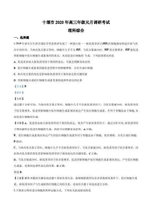 2020届湖北省十堰市高三(1月)调研理综生物试题(解析版)