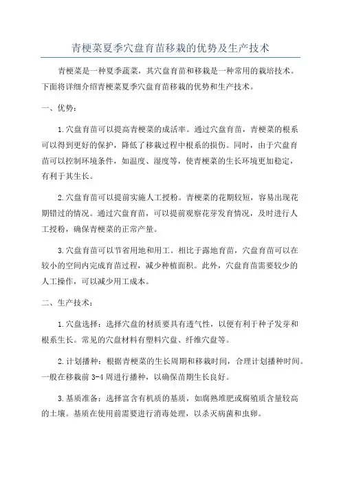 青梗菜夏季穴盘育苗移栽的优势及生产技术