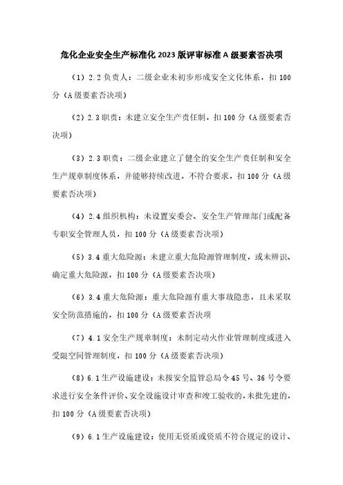 危化企业安全生产标准化2023版评审标准A级要素否决项