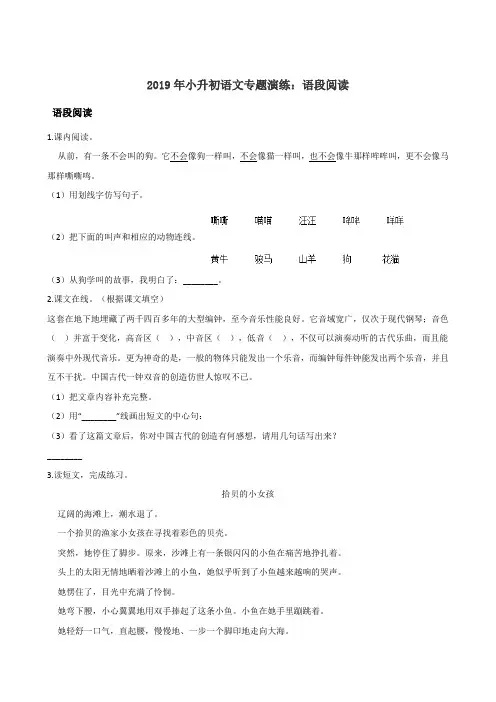 2019年小升初语文专题演练：语段阅读一 全国通用(含答案)
