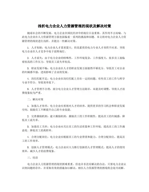 浅析电力企业人力资源管理的现状及解决对策