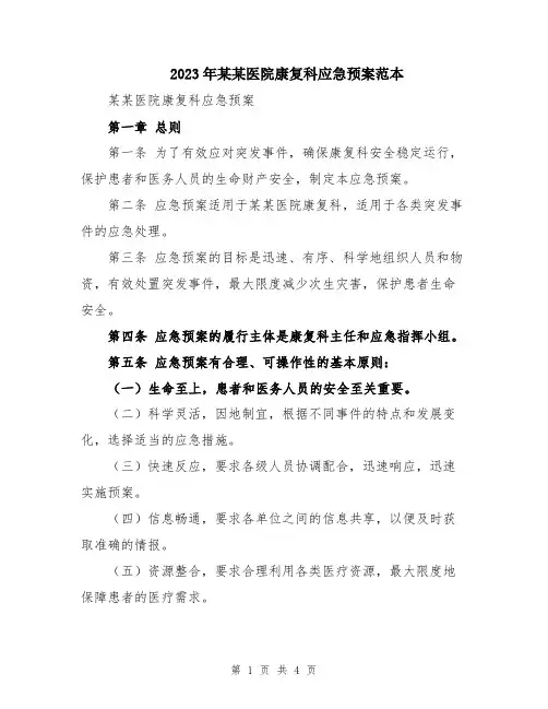2023年某某医院康复科应急预案范本