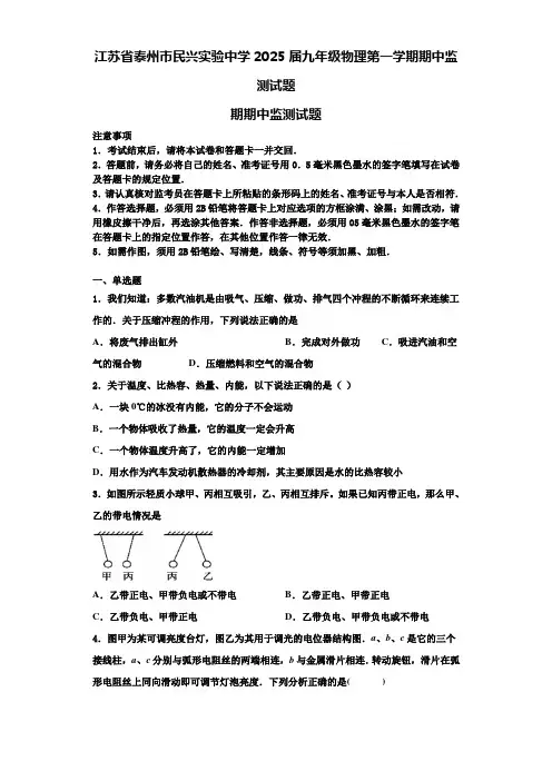 江苏省泰州市民兴实验中学2025届九年级物理第一学期期中监测试题含解析