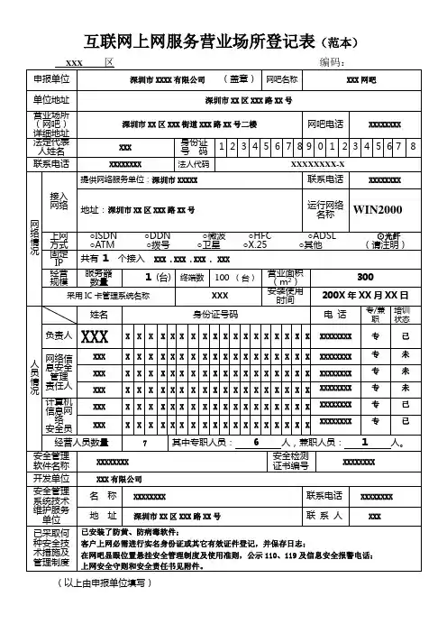 互联网上网服务营业场所登记表(范本)