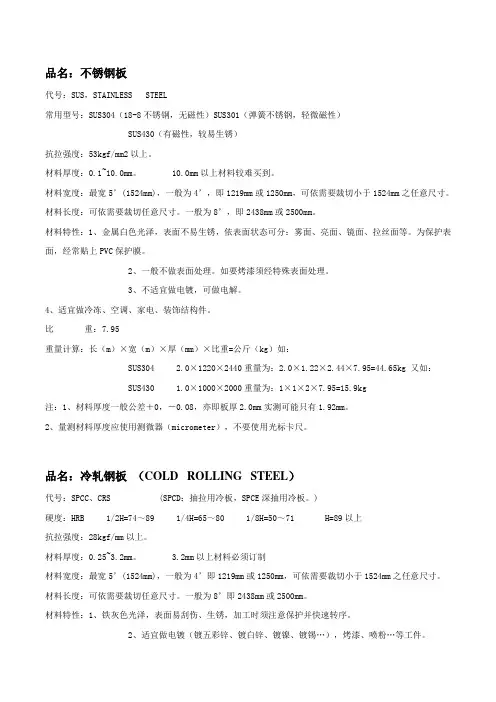 钣金常用材料