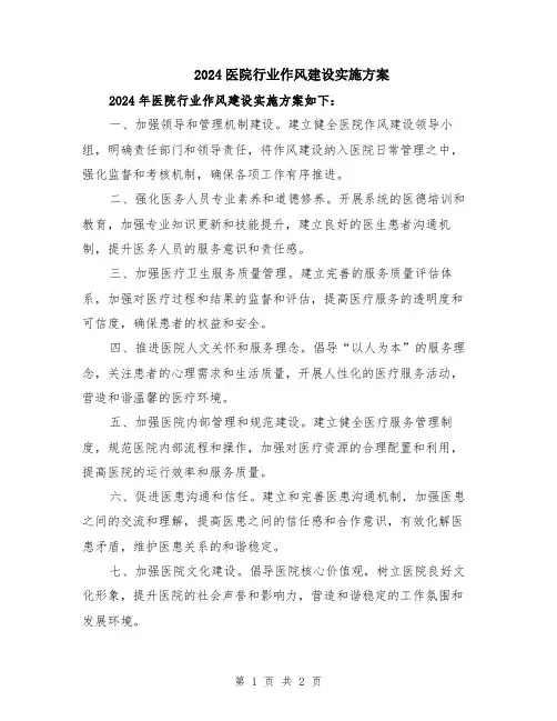 2024医院行业作风建设实施方案