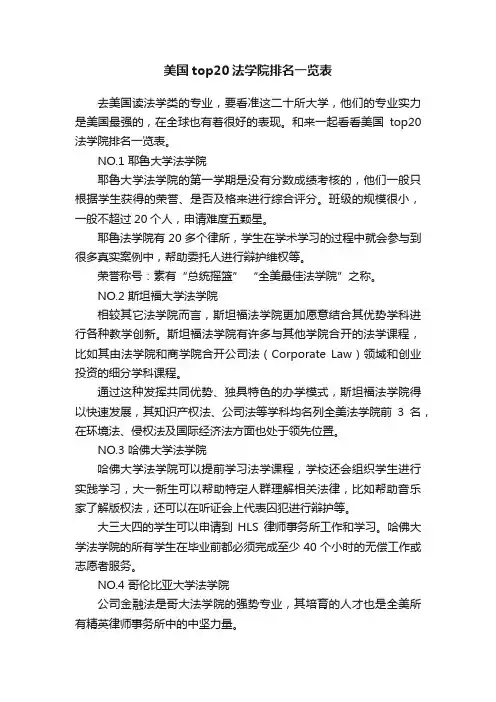 美国top20法学院排名一览表