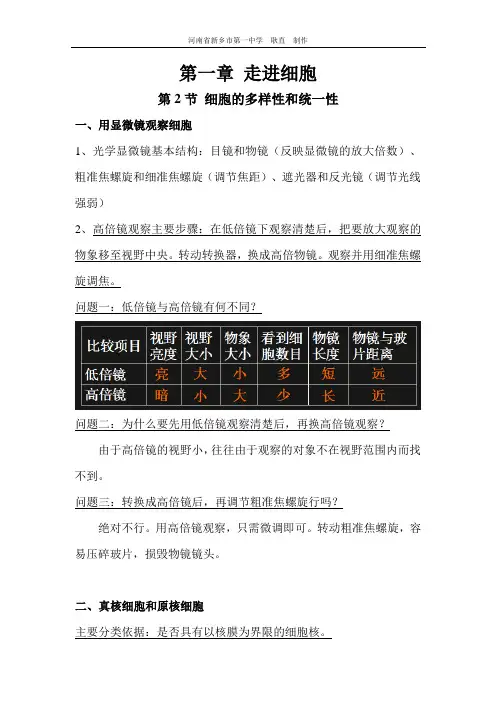 耿直-1.2细胞的多样性和统一性(要点总结)