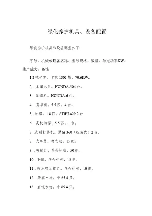 绿化养护机具、设备配置