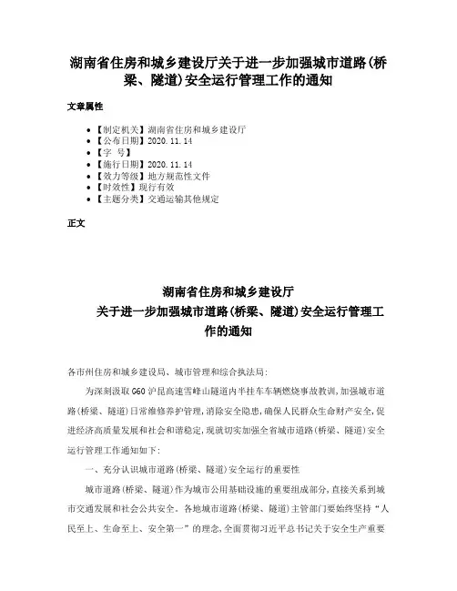 湖南省住房和城乡建设厅关于进一步加强城市道路(桥梁、隧道)安全运行管理工作的通知