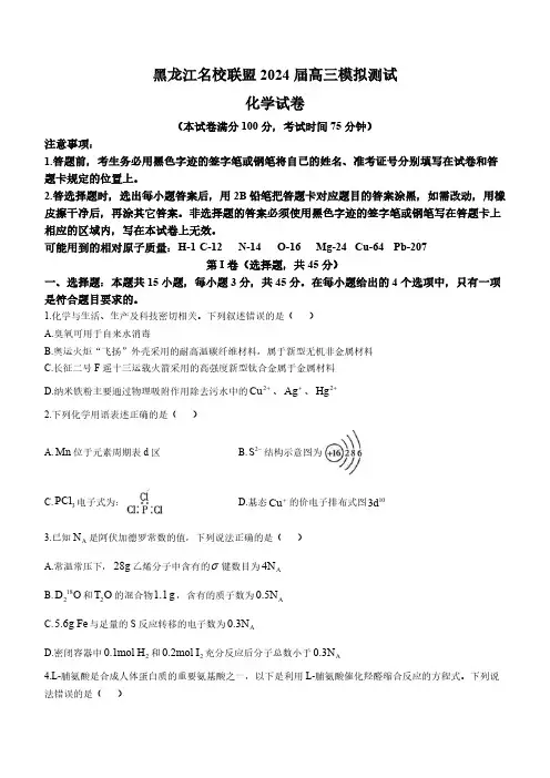 2024届黑龙江省名校联盟高考模拟测试化学试题及答案